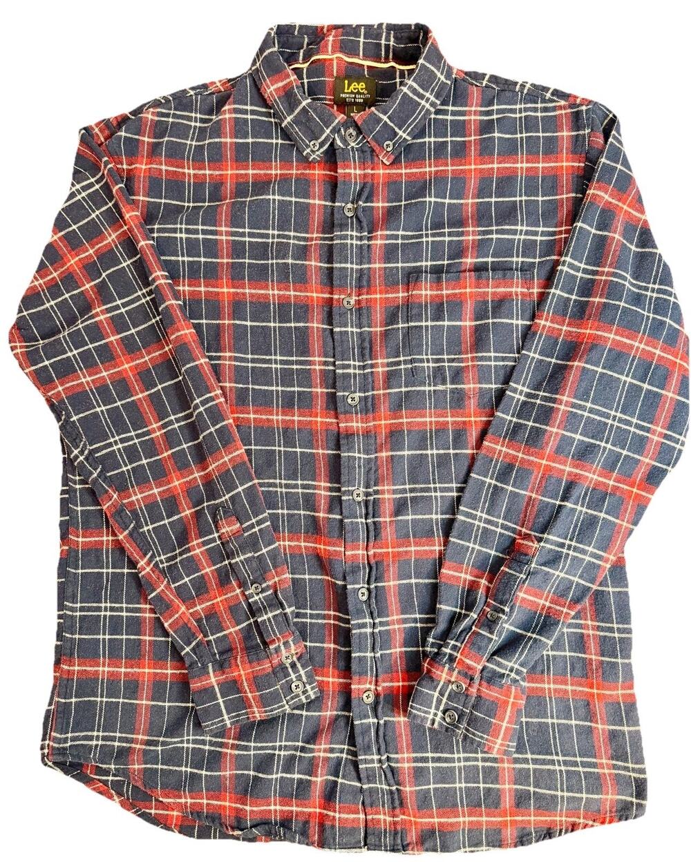 Men's Lee Jeans Long Sleeve Flannel Red & Blue Plaid Button Down Shirt Large